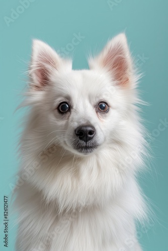 American eskimo dog on minimalistic colorful background with Copy Space. Perfect for banners, veterinary ads, pet food promotions, and minimalist designs. © Darya