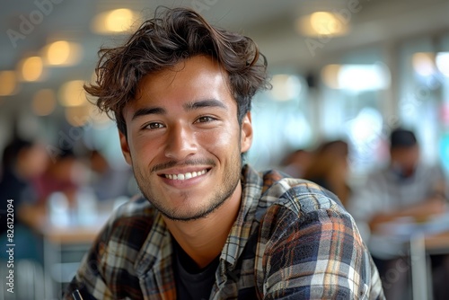 Bright-eyed young man with a modern haircut smiling at the camera  set against a social backdrop of a buzzing caf  