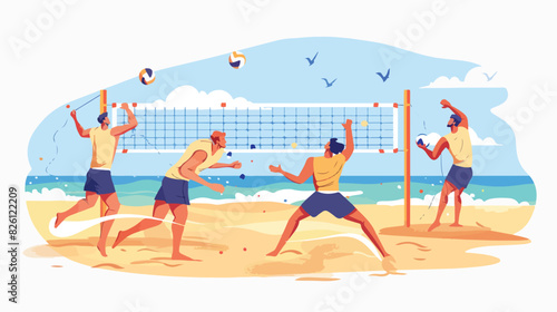 Men teams play beach volleyball with net on sand sea