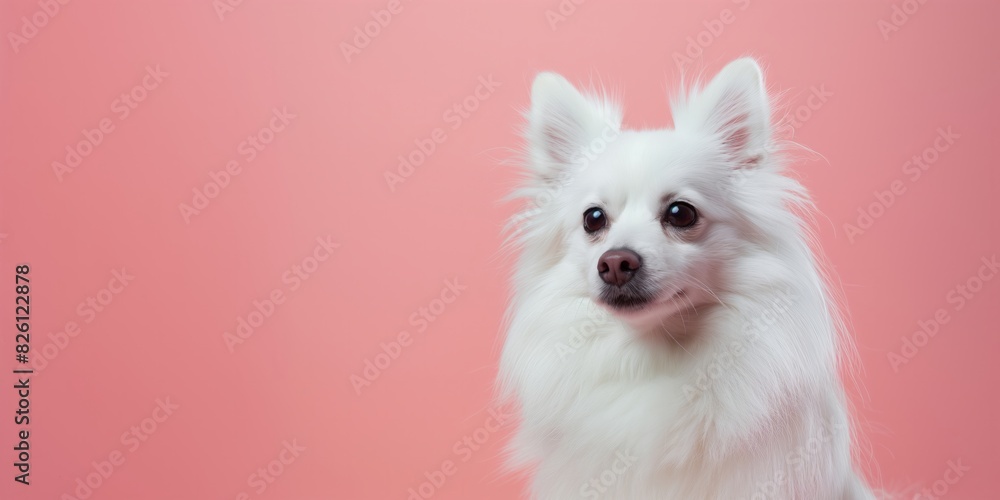 American eskimo dog on minimalistic colorful background with Copy Space. Perfect for banners, veterinary ads, pet food promotions, and minimalist designs.