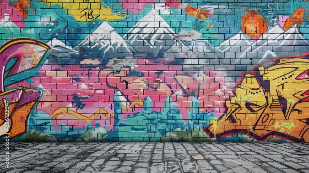 Retro Pop Art Comic Street Graffiti with Mountain on Brick Wall: Vibrant Landscapes Poster
