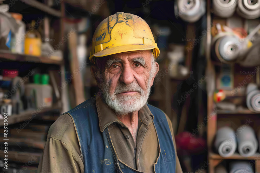 Elderly shop foreman wearing a hard hat in workshop Elderly shop foreman wearing a hard hat in workshop