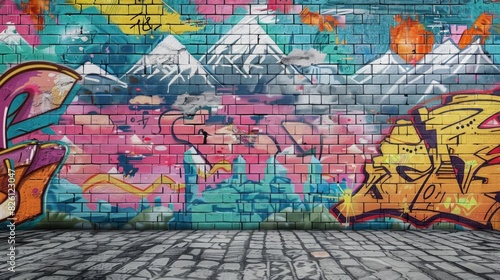 Retro Pop Art Comic Street Graffiti with Mountain on Brick Wall: Vibrant Landscapes Poster 