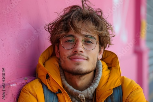 A casual young man with stylish glasses relaxing against a vibrant urban background suggests a modern lifestyle photo