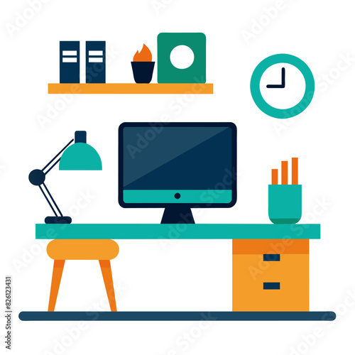 A desk with a computer, lamp, clock, and office supplies