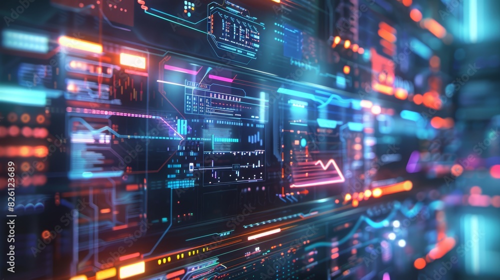 Obraz premium Futuristic digital interface with glowing neon lights and data visualizations in a high-tech environment, depicting modern technology.