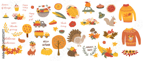 Autumn fall thanksgiving elements set with harvest icons. Collection of fall leaves, farm stickers, animal characters and turkey, cornucopia. Hand drawn autumn characters and harvest, food vectors.