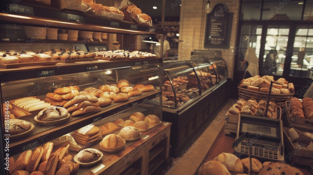 A bustling bakery filled with an assortment of fresh baked goods, pastries, cakes, and breads displayed on rustic shelves and trays. A bustling bakery filled with an assortment of fresh baked goods, pastries, cakes, and breads displayed on rustic shelves and trays.