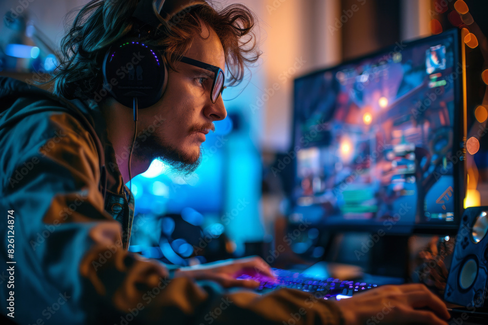 Focused video game designer working on computer game development Focused video game designer working on computer game development
