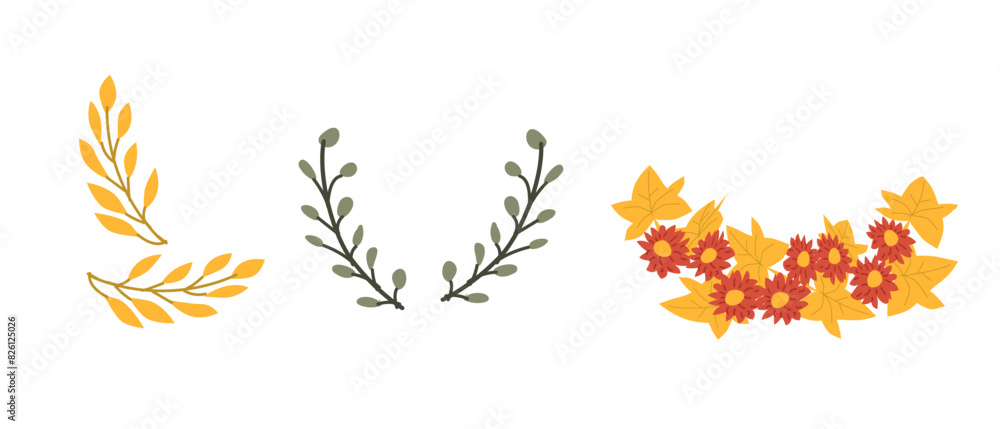 Autumn fall thanksgiving leaves composition for decoration, holiday greeting cards elements with mushroom and flowers