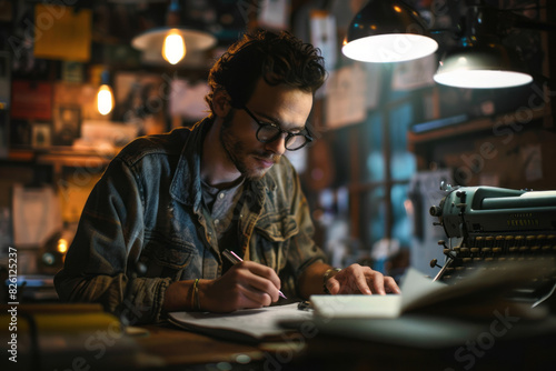 Focused writer creating in cozy workspace with vintage decor