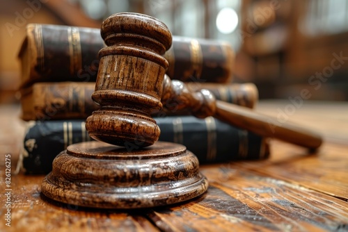 Close-up of a wooden gavel on books with blurred background Symbol of law, justice, and judgment