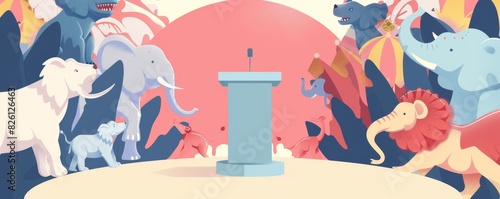 Whimsical pop-art mockup of animals gathered around a podium