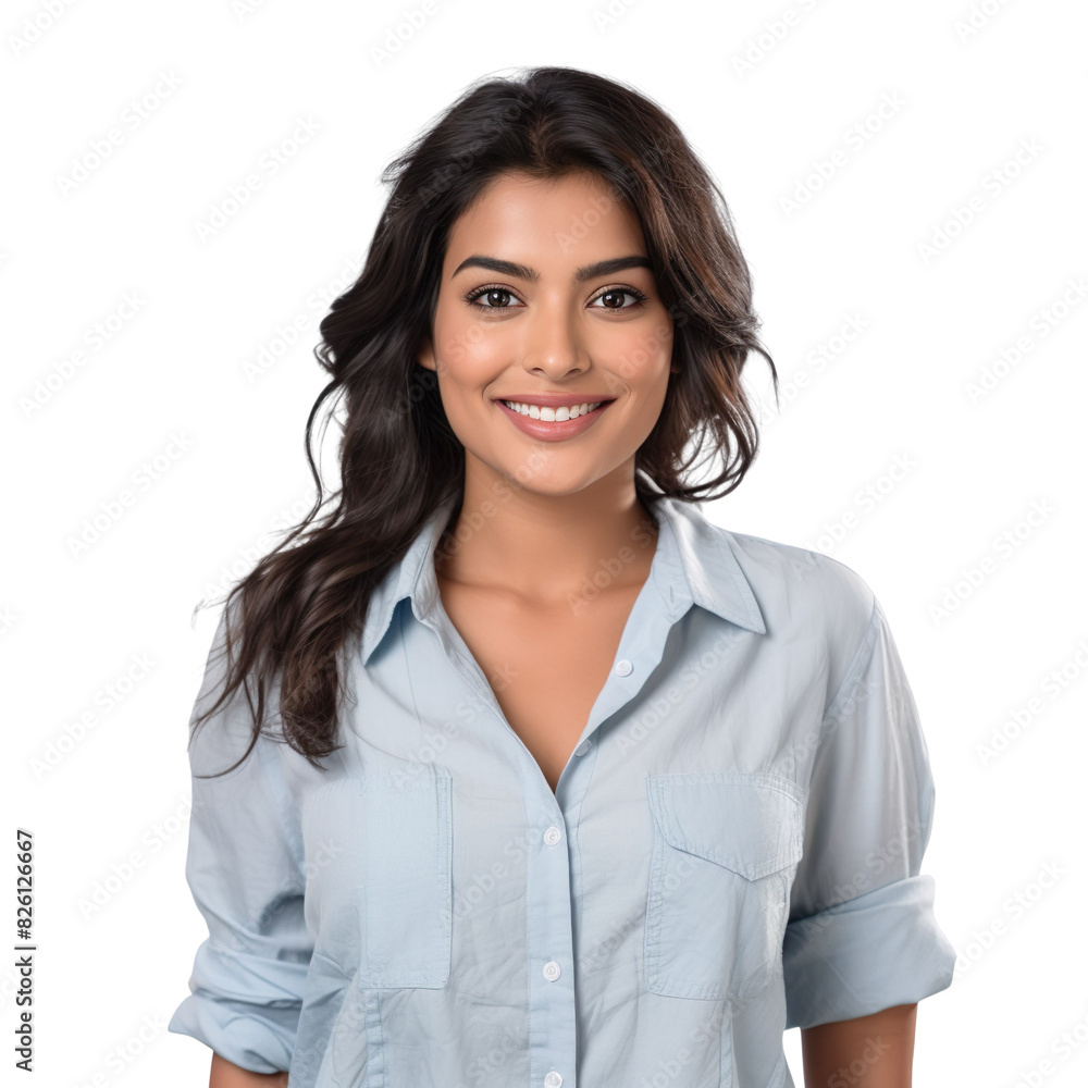 Front view mid shot of a beautiful Indian woman dressed in a blue chambray shirt and white shorts, smiling on a white transparent background Front view mid shot of a beautiful Indian woman dressed in a blue chambray shirt and white shorts, smiling on a white transparent background