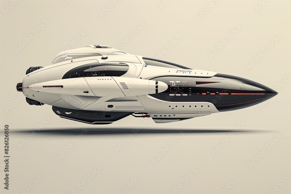 A futuristic white vehicle with a red stripe on the side, showcasing sleek design and innovation A futuristic white vehicle with a red stripe on the side, showcasing sleek design and innovation