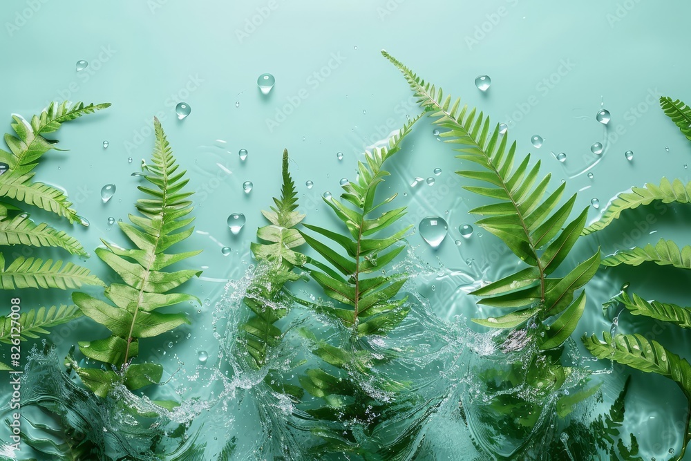 Lush botanical splash with fern leaves, emphasizing natural and organic ingredients Lush botanical splash with fern leaves, emphasizing natural and organic ingredients