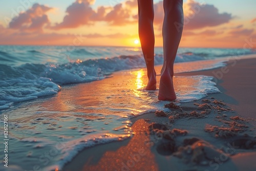 Silhouette of a person's lower body walking on a beach during a beautiful sunset photo