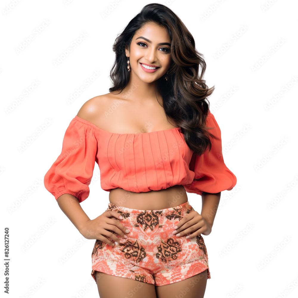 Front view mid shot of a beautiful Indian woman dressed in a coral off-shoulder top and high-waisted shorts, smiling on a white transparent background Front view mid shot of a beautiful Indian woman dressed in a coral off-shoulder top and high-waisted shorts, smiling on a white transparent background