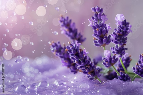 Soothing lavender splash with lavender flowers, emphasizing calming and skin care benefits