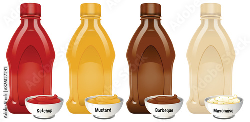 Illustration of ketchup, mustard, barbeque, mayonnaise bottles