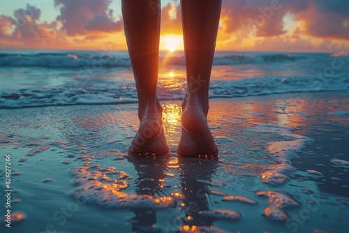 A tranquil scene with a close-up of a person's feet standing on a wet sandy beach during a beautiful sunset photo