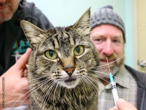 A Lipik veterinarian in a hat administers an injection to a cat. photo
