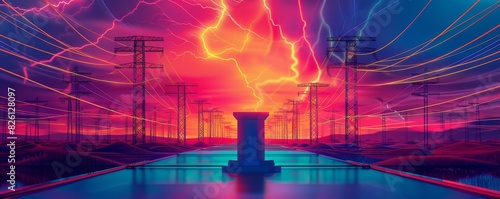 Vibrant pop-art landscape featuring power lines with electric storm and neon colors
