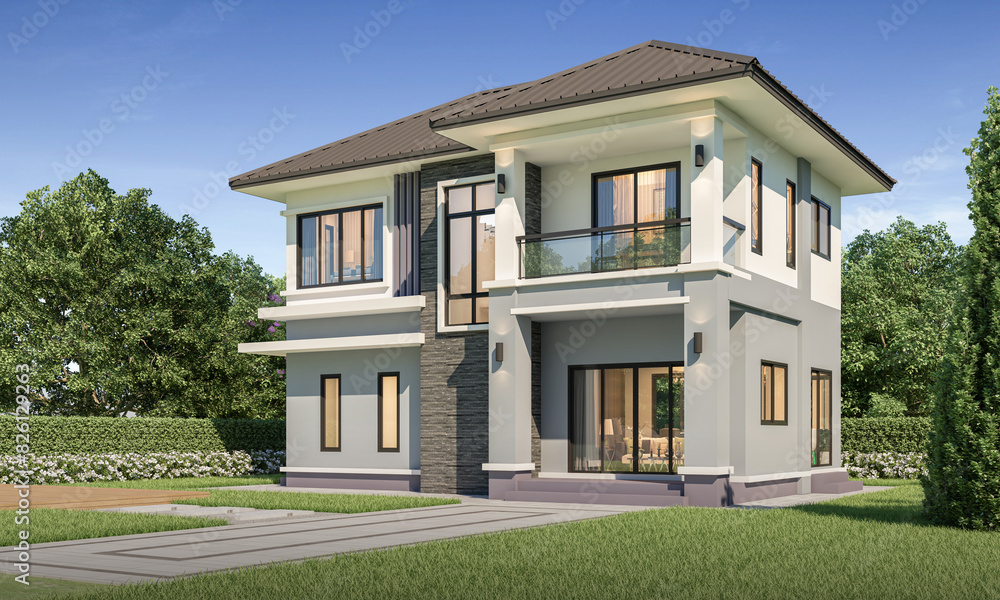 Modern house exterior day light with lawn grass.3d rendering