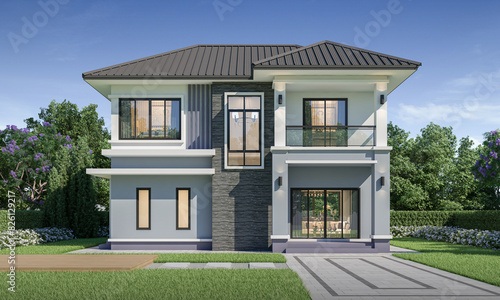 Modern house exterior day light with lawn grass.3d rendering © uthai