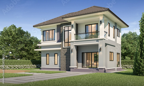 Modern house exterior day light with lawn grass.3d rendering © uthai