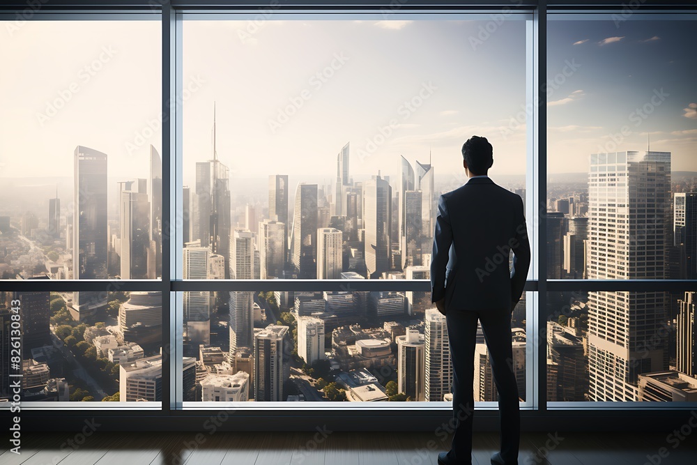 Businessman looking at the city from the window. Businessman looking at the city from the window.
