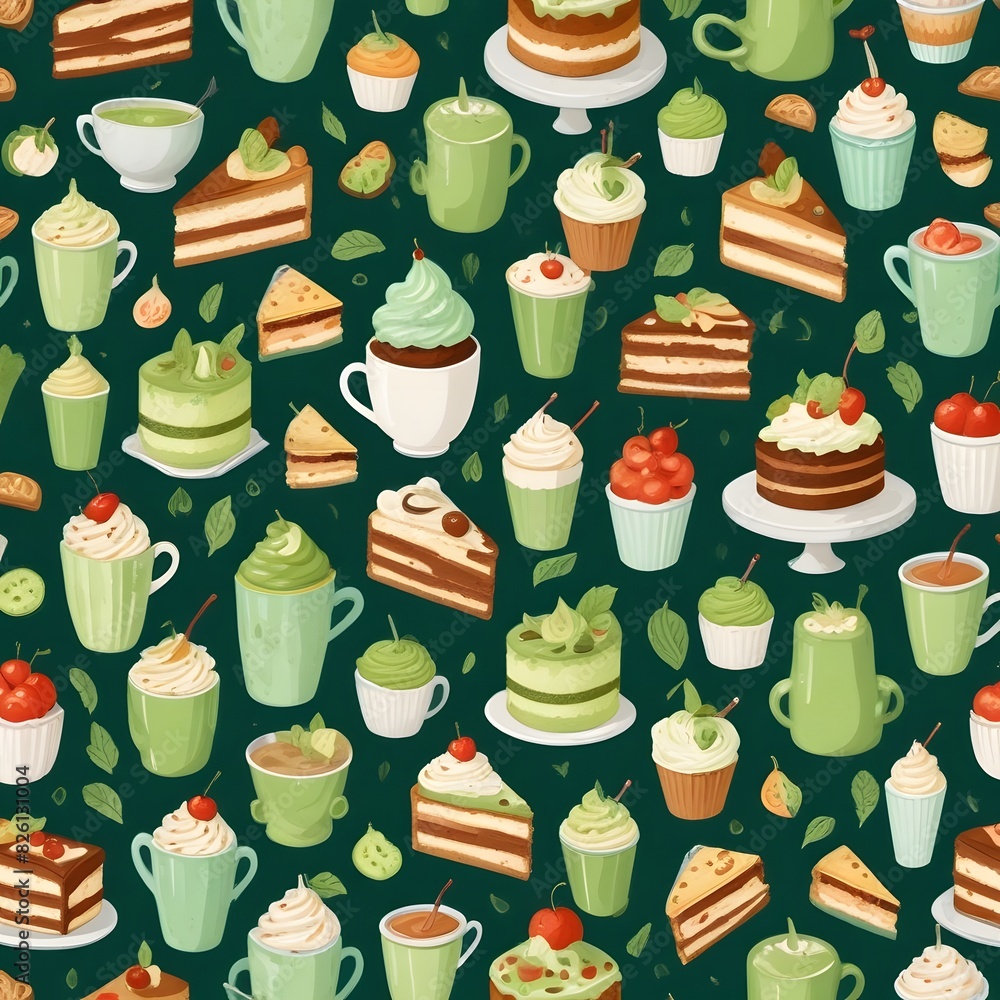 Matcha desserts seamless pattern. Green tea ice cream, mochi, macaroon. Food ornament. Stock vector illustration Matcha desserts seamless pattern. Green tea ice cream, mochi, macaroon. Food ornament. Stock vector illustration