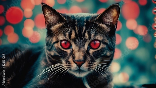 portrait of a cat red speckles blur background Dark toon  photo