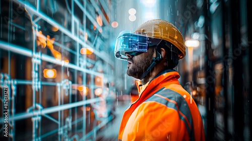 Side View of a Tech-Savvy Professional in High-Visibility Workwear Engaging with Virtual Reality Technology in a Futuristic Digital Interface Environment