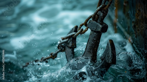 An up-close capture of an anchor submerged in water, surrounded by dynamic splashes, symbolizing strength, stability, and the fluidity of life