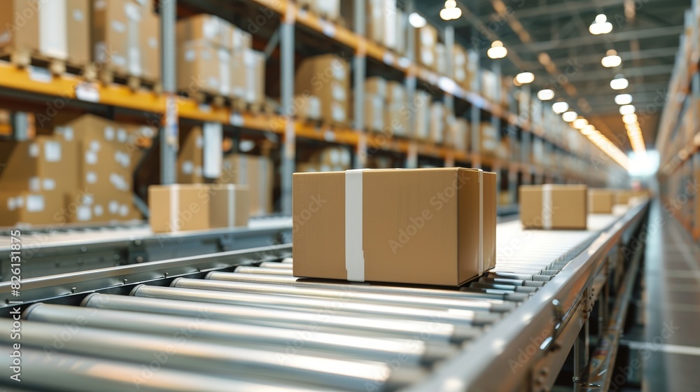 Efficient package handling on conveyor belts at a logistics distribution center, showcasing the automation and organization in modern logistics for stock photo platforms