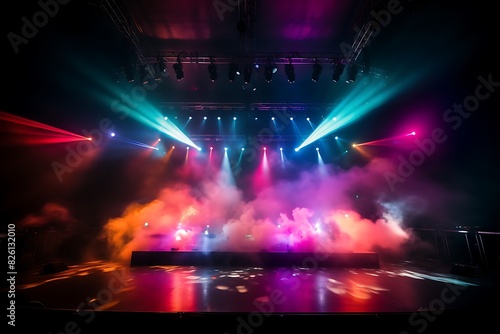 Colorful stage lighting with smoke and rays of light on dark background