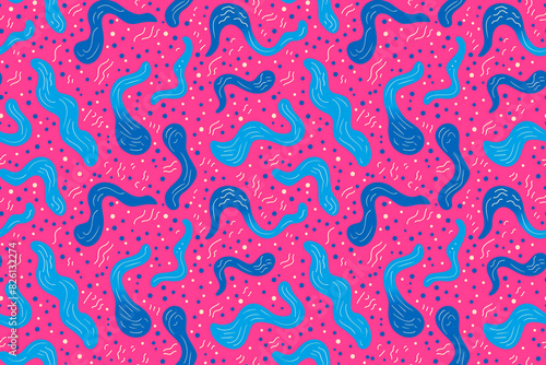 A pink and blue patterned background with blue and pink swirls