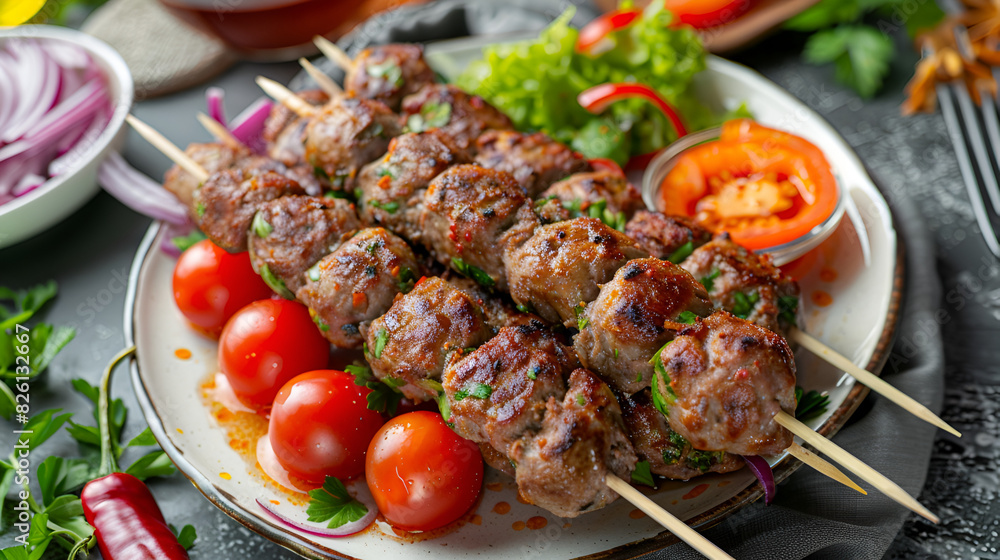 Juicy Grilled Meat Skewers with Vegetables, Tasty Grilled Meat Kebabs with Cherry Tomatoes