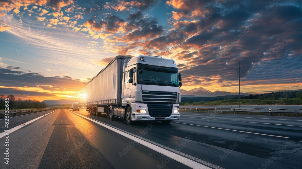 Truck on highway at sunrise, logistics transport, freight transport, road logistics, cargo transportation, supply chain management, logistics operations, transportation logistics.