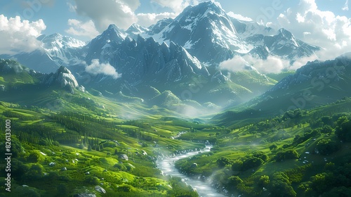 A scenic mountain landscape with green slopes and rocky peaks  where a river flows through the valley  creating a breathtaking vista