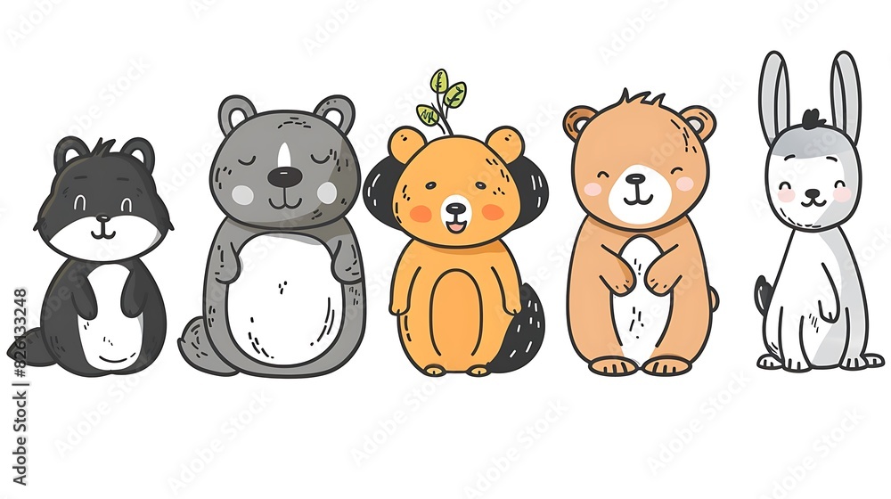 Playful and Quirky Cartoon Animals in Simple Draw Style on White Background Playful and Quirky Cartoon Animals in Simple Draw Style on White Background