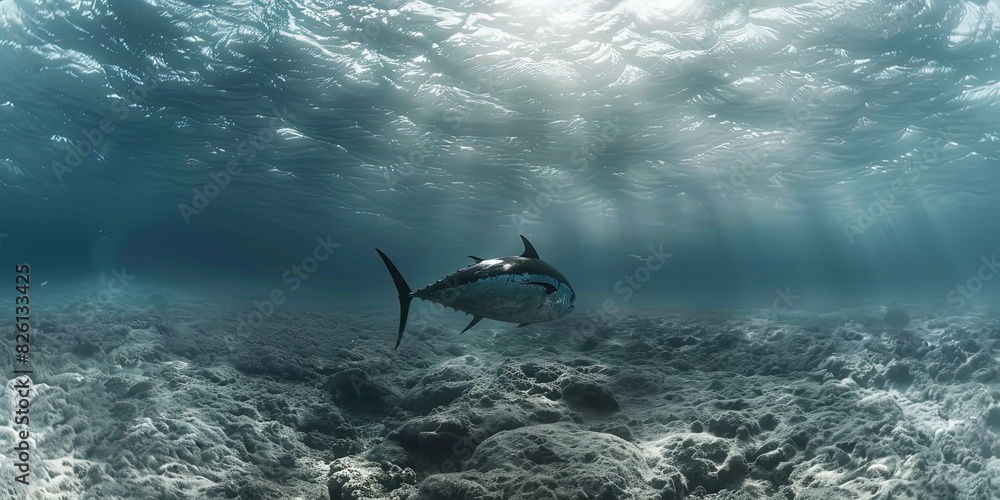 Naklejka premium Tuna fish swimming in the depths of the seabed, fresh fish, sea food, fishing, background, wallpaper.