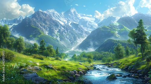 A scenic mountain landscape with green slopes and rocky peaks, where a river flows through the valley, creating a breathtaking vista