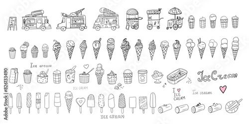 Cute set of ice cream van, ice cream truck, ice cream in a waffle cones and waffle cup, ice cream bars on sticks. Gelato. Great for summer dessert menu design, banner, packaging. Hand drawn