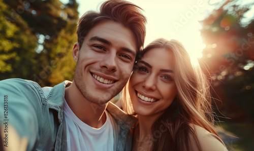 A young couple in love takes a selfie. Against the backdrop of summer nature. Golden hour selfie.