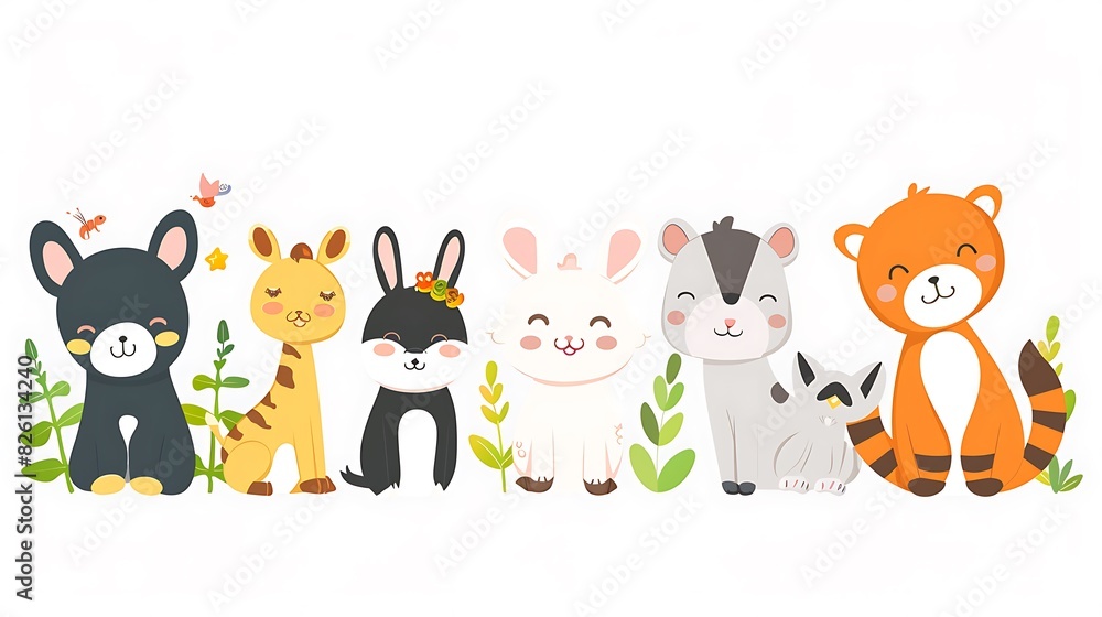 Whimsical Cartoon Animals in Simple Style on White Background Whimsical Cartoon Animals in Simple Style on White Background