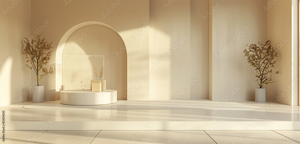 Modern 3D room background with cream studio showcase and copy space for product presentation. Modern 3D room background with cream studio showcase and copy space for product presentation.
