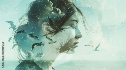 A young woman with birds flying around her head in a double exposure portrait. photo