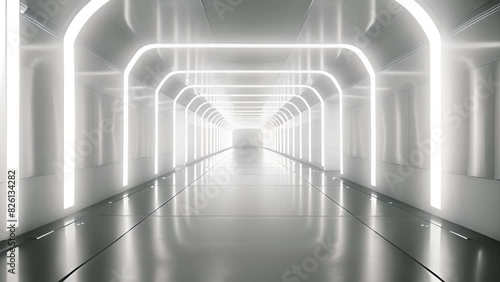 White background 3D room light abstract space technology tunnel stage floor. Empty white future 3D neon background studio futuristic corridor render modern interior silver road black wall design gray